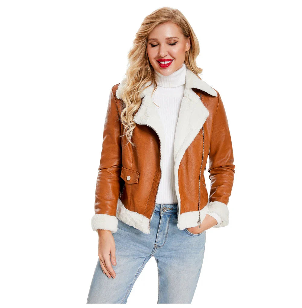 Biker Jackets- Women Winter Warmth Faux Leather Biker Jacket with Fur Trim- - IndioGear.com