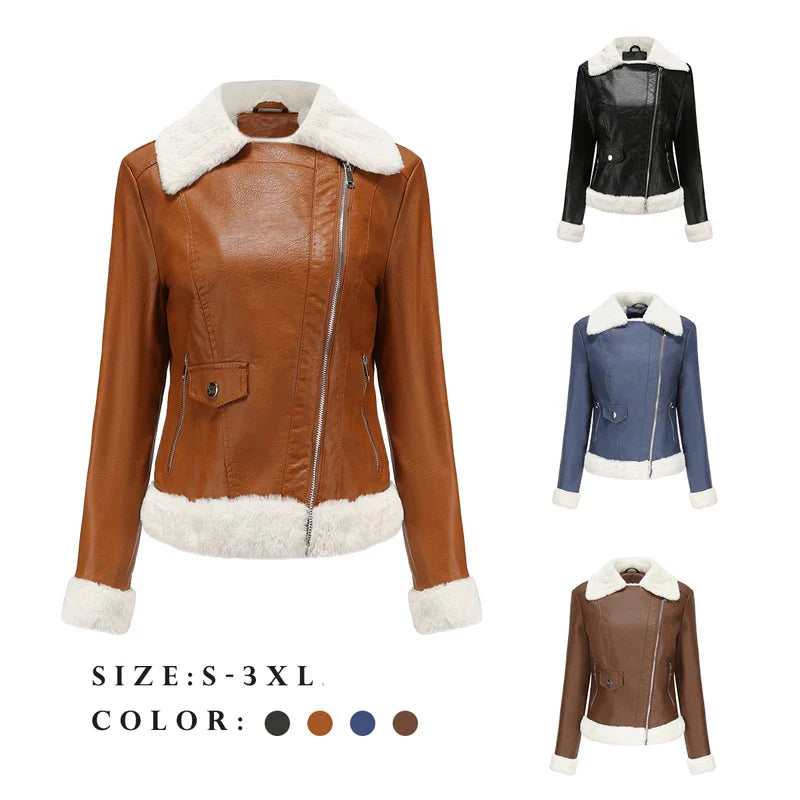 Biker Jackets- Women Winter Warmth Faux Leather Biker Jacket with Fur Trim- - IndioGear.com