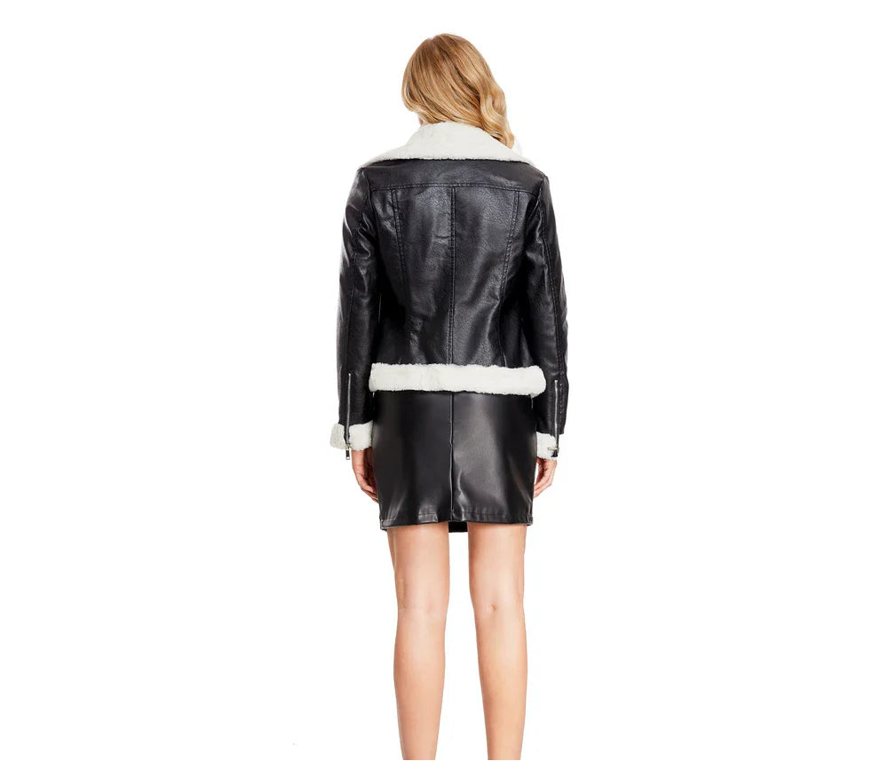 Biker Jackets- Women Winter Warmth Faux Leather Biker Jacket with Fur Trim- - IndioGear.com