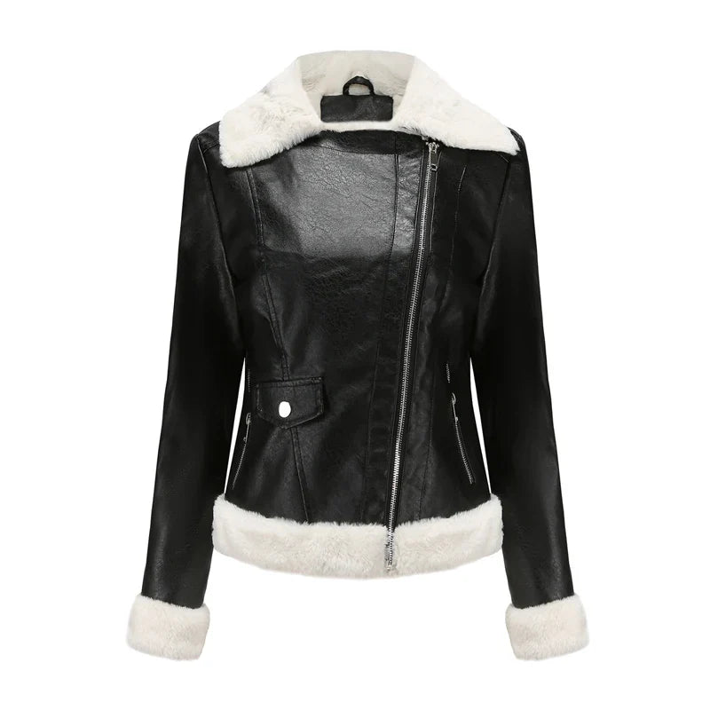 Biker Jackets- Women Winter Warmth Faux Leather Biker Jacket with Fur Trim- Black- IndioGear.com