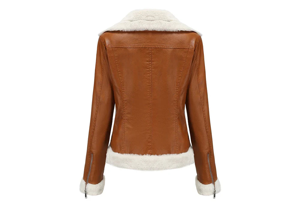 Biker Jackets- Women Winter Warmth Faux Leather Biker Jacket with Fur Trim- - IndioGear.com