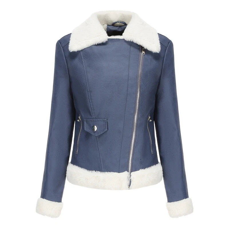 Biker Jackets- Women Winter Warmth Faux Leather Biker Jacket with Fur Trim- Blue- IndioGear.com