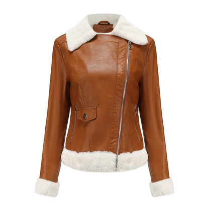 Biker Jackets- Women Winter Warmth Faux Leather Biker Jacket with Fur Trim- Brown- IndioGear.com