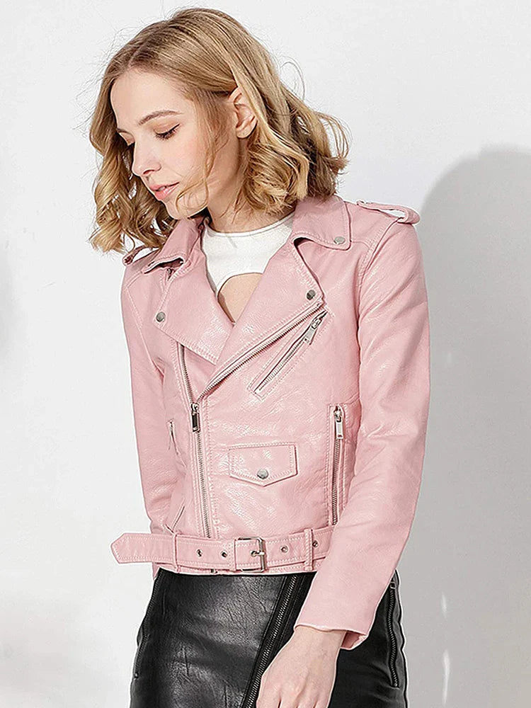 Biker Jackets- Women's Faux-Leather Notch Lapel Biker Jacket with Belted Waist- - IndioGear.com