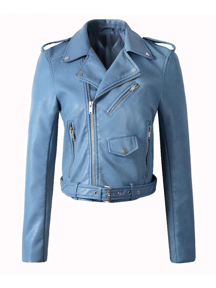 Biker Jackets- Women's Faux-Leather Notch Lapel Biker Jacket with Belted Waist- Blue- IndioGear.com