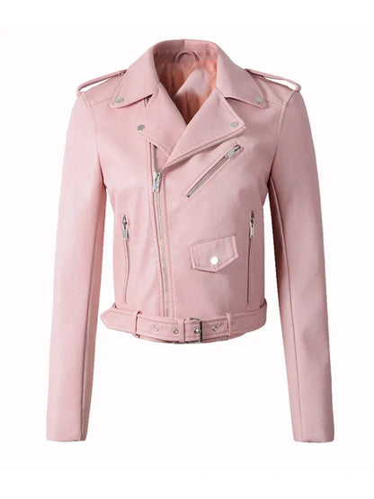 Biker Jackets- Women's Faux-Leather Notch Lapel Biker Jacket with Belted Waist- Pink- IndioGear.com