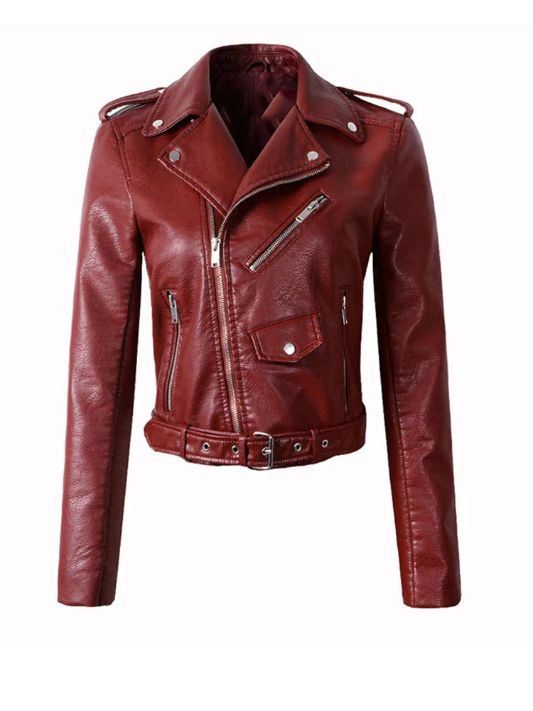 Biker Jackets- Women's Faux-Leather Notch Lapel Biker Jacket with Belted Waist- Burgundy- IndioGear.com