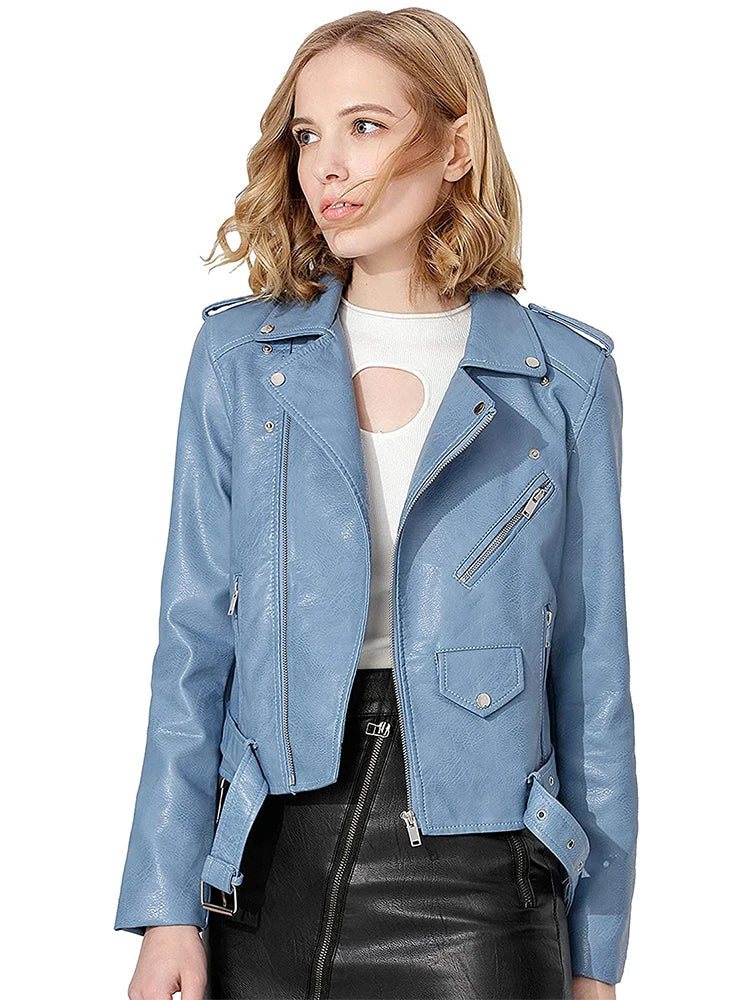 Biker Jackets- Women's Faux-Leather Notch Lapel Biker Jacket with Belted Waist- - IndioGear.com