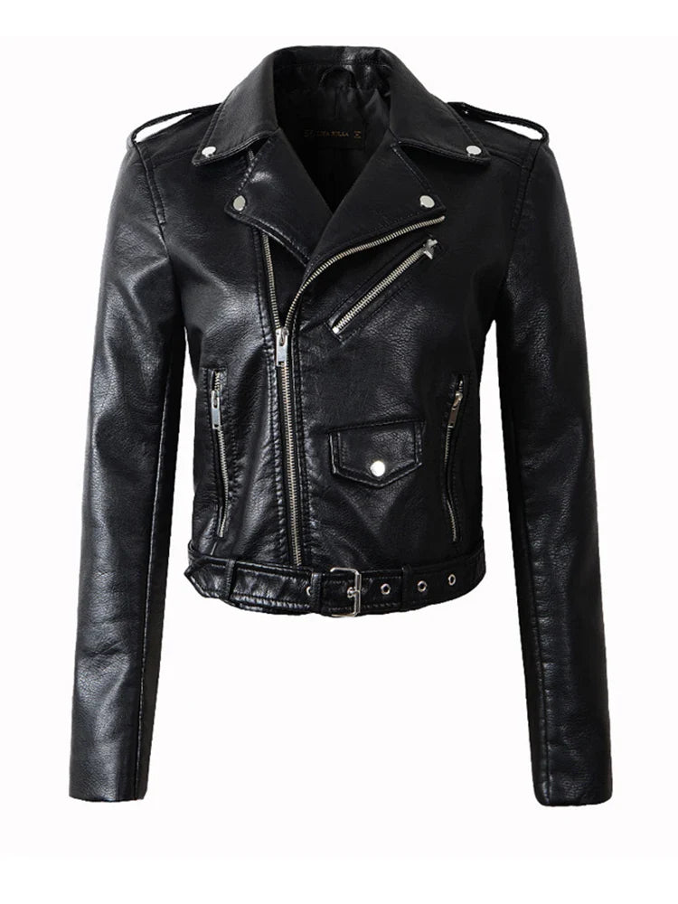 Biker Jackets- Women's Faux-Leather Notch Lapel Biker Jacket with Belted Waist- Black- IndioGear.com