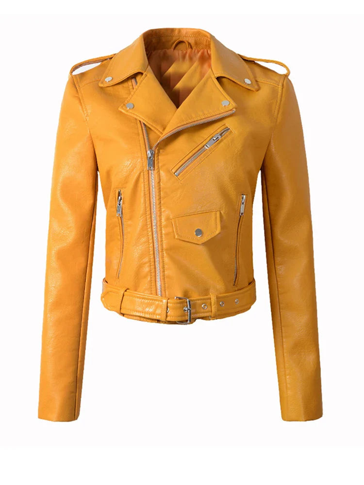 Biker Jackets- Women's Faux-Leather Notch Lapel Biker Jacket with Belted Waist- Yellow- IndioGear.com