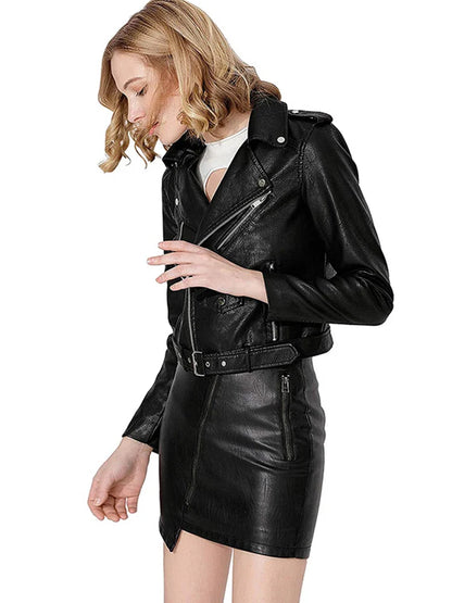 Biker Jackets- Women's Faux-Leather Notch Lapel Biker Jacket with Belted Waist- - IndioGear.com