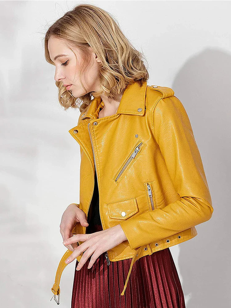 Biker Jackets- Women's Faux-Leather Notch Lapel Biker Jacket with Belted Waist- - IndioGear.com