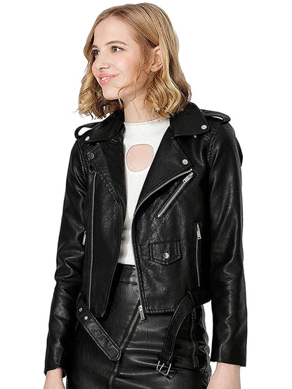 Biker Jackets- Women's Faux-Leather Notch Lapel Biker Jacket with Belted Waist- - IndioGear.com