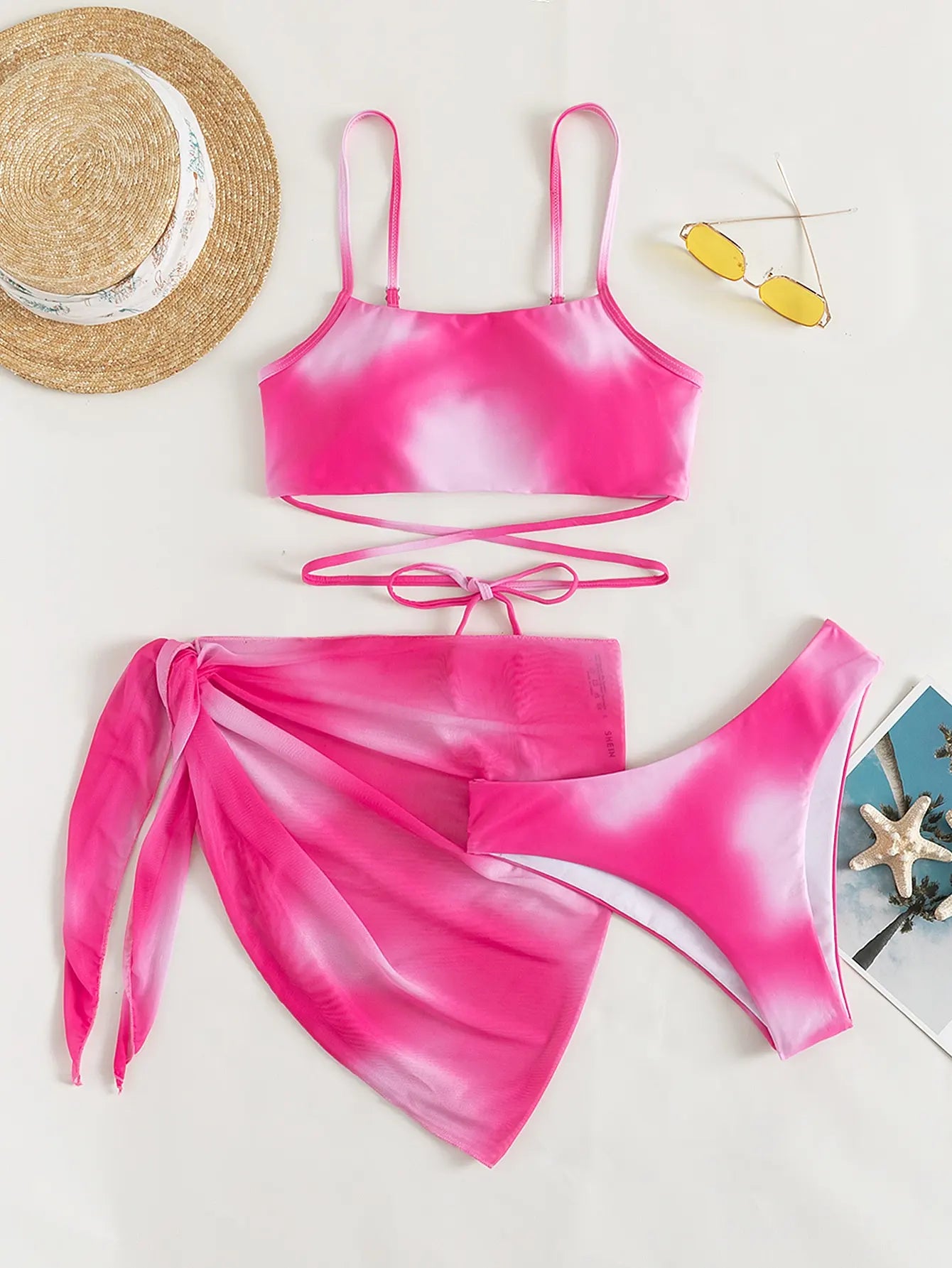 Bikini 3 Pcs Suit Set- Sunset Lace-Up 3 Pcs Swim Set- - IndioGear Women Clothing