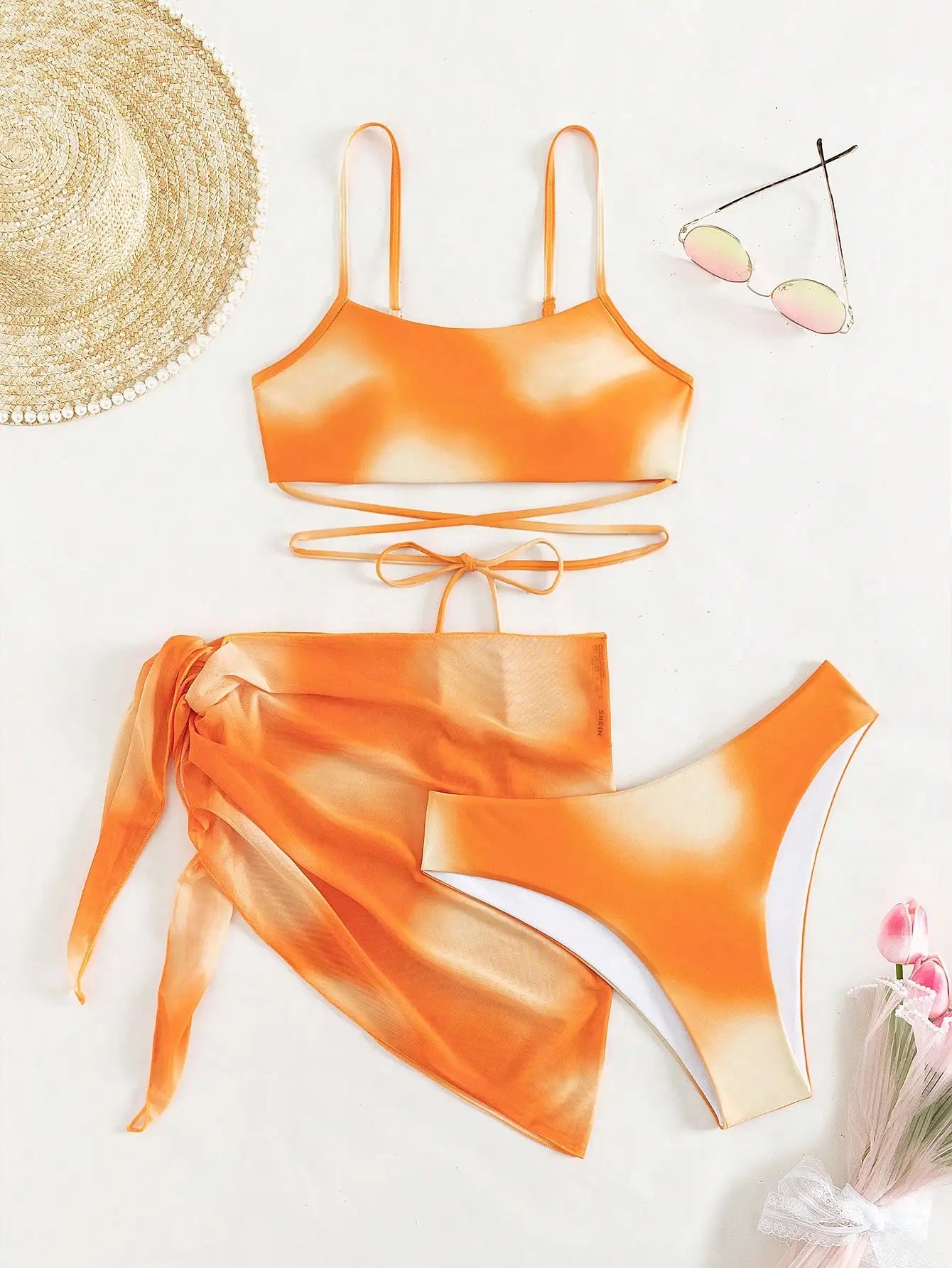 Bikini 3 Pcs Suit Set- Sunset Lace-Up 3 Pcs Swim Set- - IndioGear Women Clothing