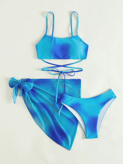 Bikini 3 Pcs Suit Set- Sunset Lace-Up 3 Pcs Swim Set- - IndioGear Women Clothing