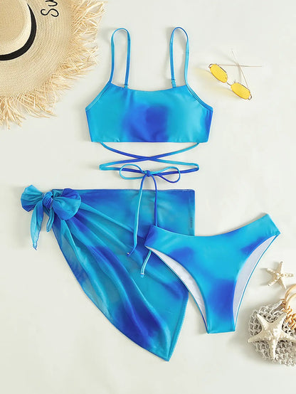 Bikini 3 Pcs Suit Set- Sunset Lace-Up 3 Pcs Swim Set- Blue- IndioGear Women Clothing