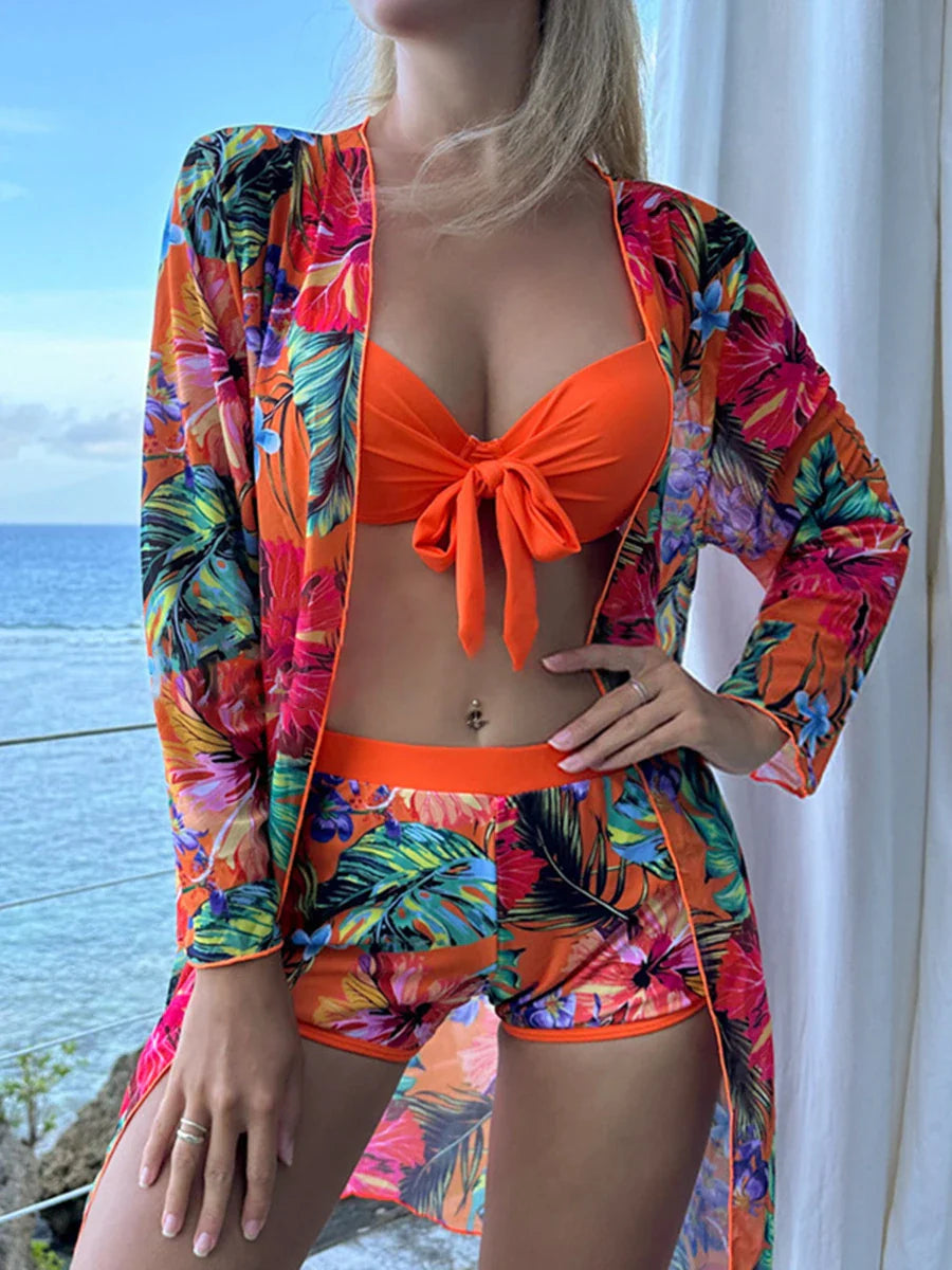 Bikini 3 Pcs Suit Set- Tropical Floral Print Bikini with Tie-Front & Cover-Up- - IndioGear Women Clothing