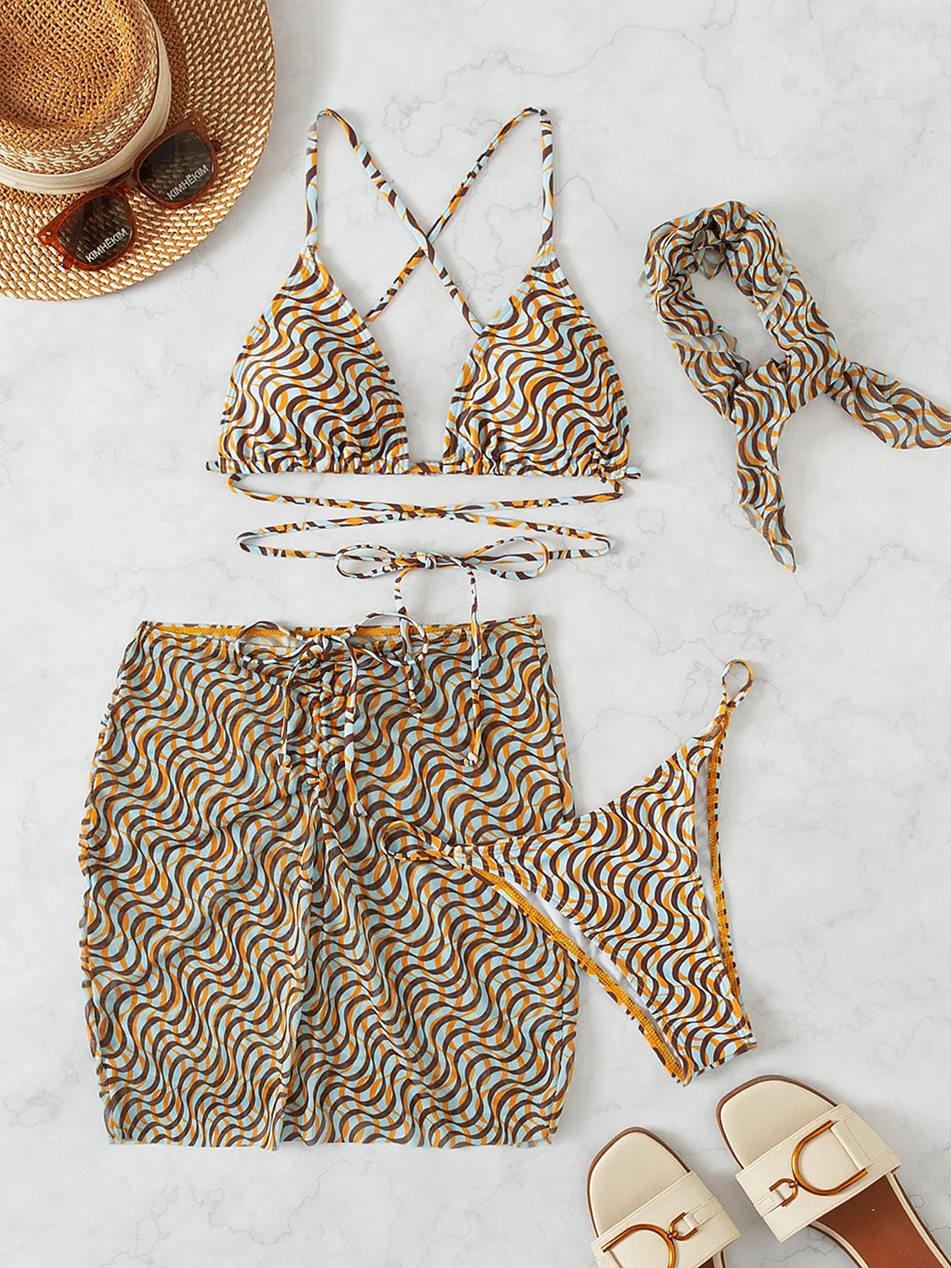 Bikini 4 Piece Suit- Safari Sun Lace-Up Bikini & Wrap 4 Piece Suit- - IndioGear Women Clothing