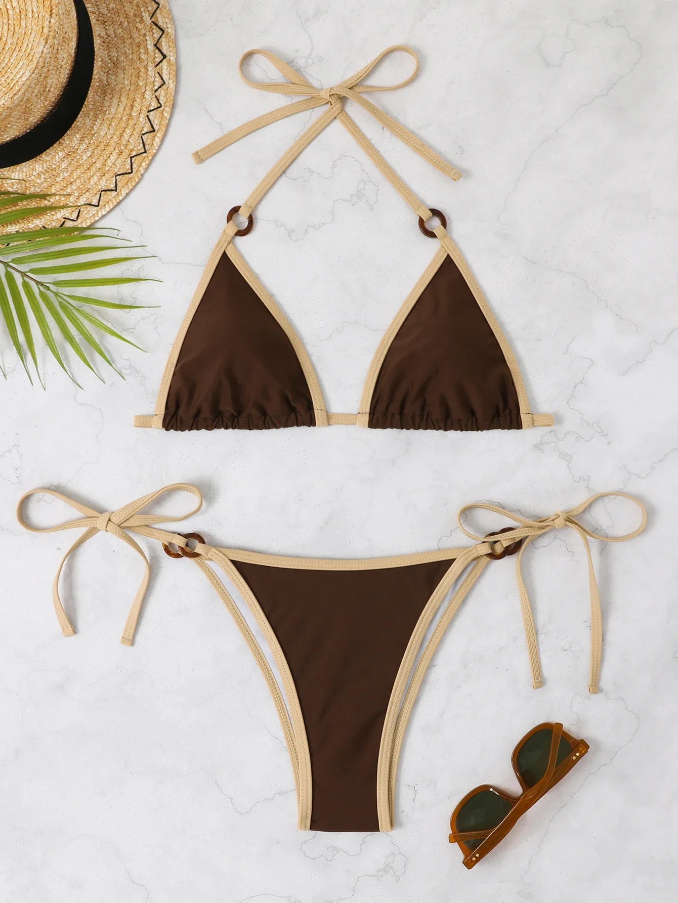 Bikini Suits- Sun Lover's Trimmed Triangle Bikini Suit- Brown- IndioGear Women Clothing