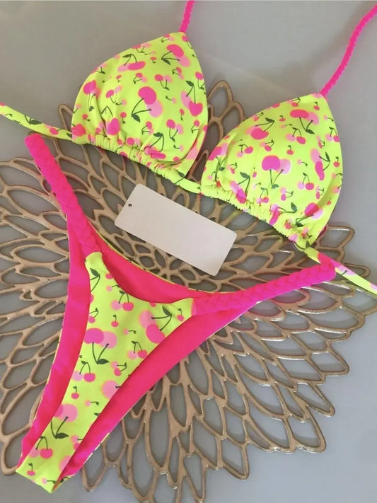 Bikinis- Cherry Print Micro Bikini 2-Piece Neon Swimsuit- - IndioGear