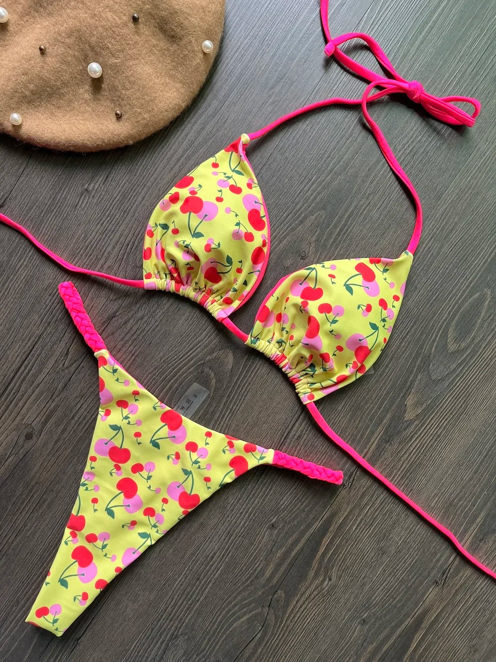 Bikinis- Cherry Print Micro Bikini 2-Piece Neon Swimsuit- - IndioGear