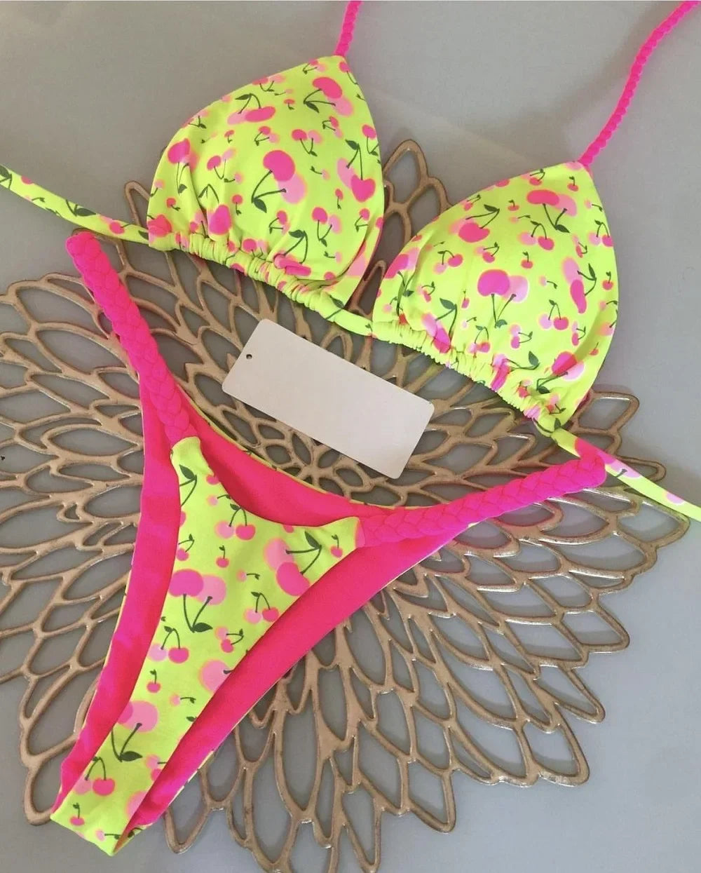 Bikinis- Cherry Print Micro Bikini 2-Piece Neon Swimsuit- - IndioGear