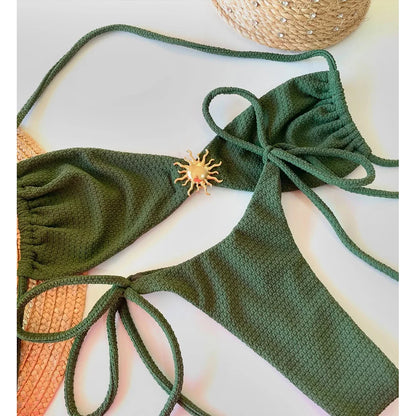 Bikinis- Minimalist Deep Green Bikini with Sunburst Detail- - IndioGear