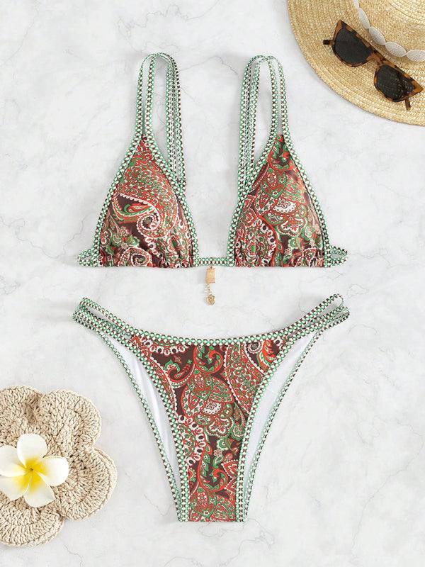 Bikinis- Paisley Swimsuit Triangle Bikini Top & Bottoms 2 Piece- - IndioGear Women Clothing