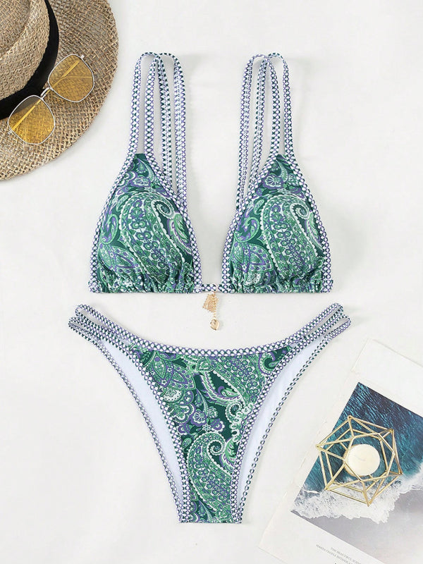 Bikinis- Paisley Swimsuit Triangle Bikini Top & Bottoms 2 Piece- - IndioGear Women Clothing