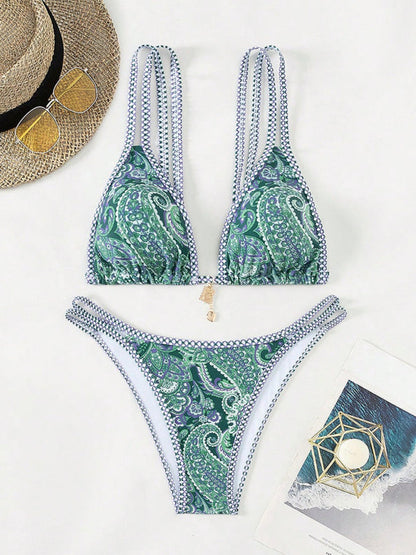 Bikinis- Paisley Swimsuit Triangle Bikini Top & Bottoms 2 Piece- - IndioGear Women Clothing