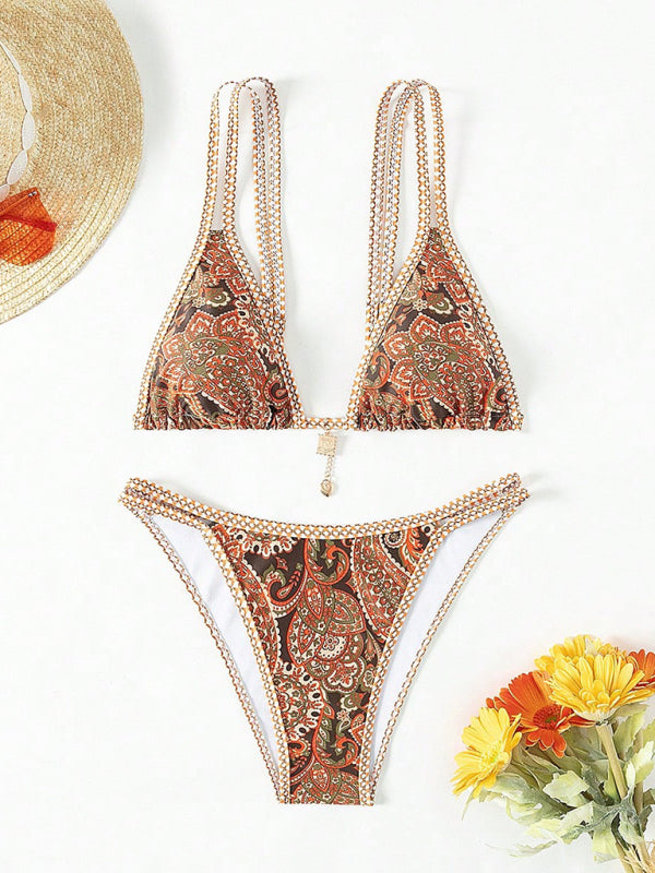 Bikinis- Paisley Swimsuit Triangle Bikini Top & Bottoms 2 Piece- - IndioGear Women Clothing