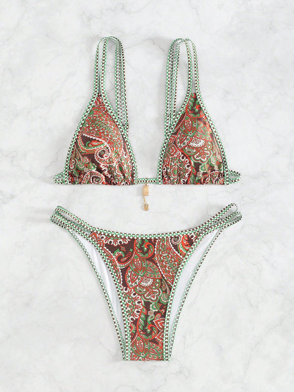 Bikinis- Paisley Swimsuit Triangle Bikini Top & Bottoms 2 Piece- - IndioGear Women Clothing