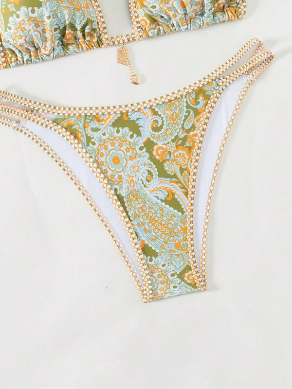 Bikinis- Paisley Swimsuit Triangle Bikini Top & Bottoms 2 Piece- - IndioGear Women Clothing