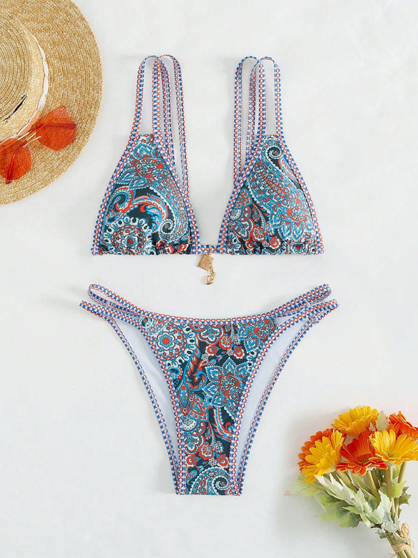 Bikinis- Paisley Swimsuit Triangle Bikini Top & Bottoms 2 Piece- - IndioGear Women Clothing