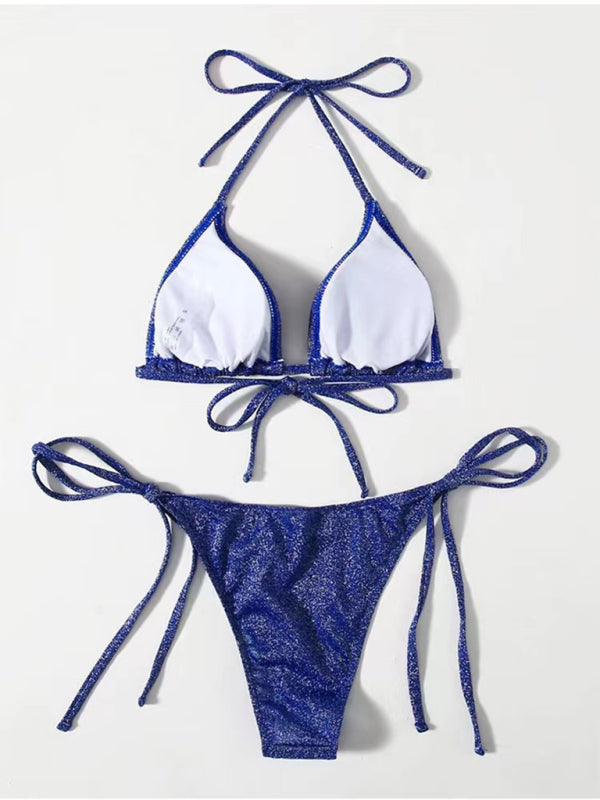 Bikinis- Sparkle 2-Piece String Swimsuit Set - Triangle Bra & Tie-Side Bikini- - IndioGear Fashion and Gear