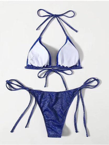 Bikinis- Sparkle 2-Piece String Swimsuit Set - Triangle Bra & Tie-Side Bikini- - IndioGear Fashion and Gear