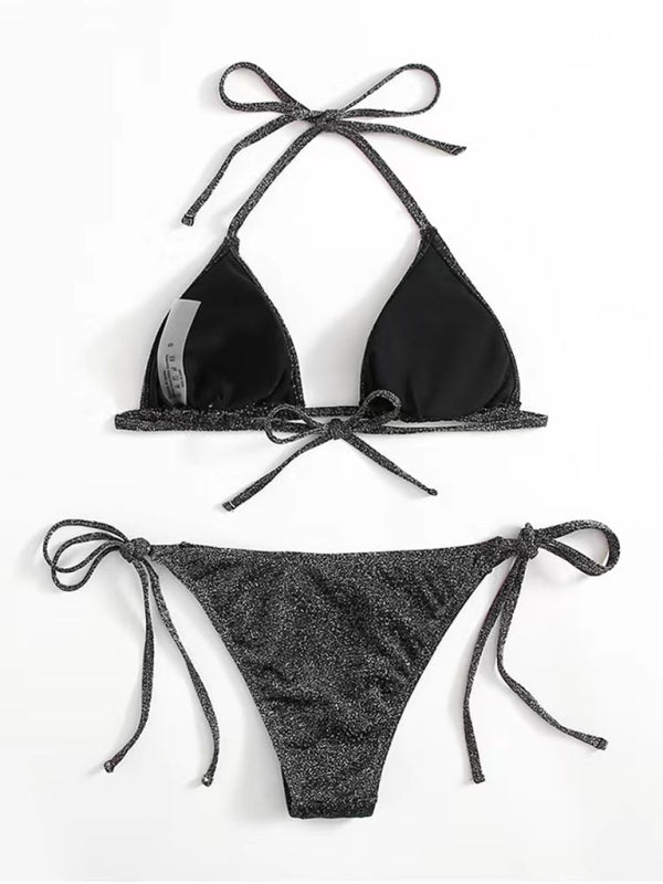 Bikinis- Sparkle 2-Piece String Swimsuit Set - Triangle Bra & Tie-Side Bikini- - IndioGear Fashion and Gear