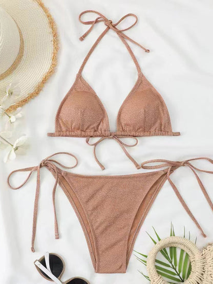 Bikinis- Sparkle 2-Piece String Swimsuit Set - Triangle Bra & Tie-Side Bikini- Khaki- IndioGear Fashion and Gear