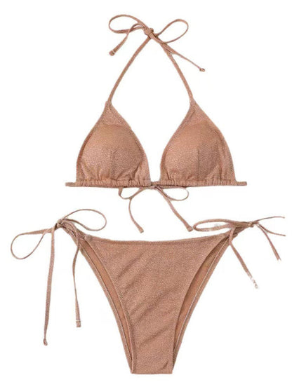 Bikinis- Sparkle 2-Piece String Swimsuit Set - Triangle Bra & Tie-Side Bikini- - IndioGear Fashion and Gear