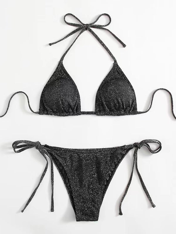 Bikinis- Sparkle 2-Piece String Swimsuit Set - Triangle Bra & Tie-Side Bikini- Black- IndioGear Fashion and Gear