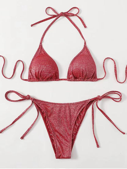 Bikinis- Sparkle 2-Piece String Swimsuit Set - Triangle Bra & Tie-Side Bikini- Red- IndioGear Fashion and Gear