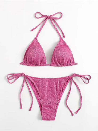 Bikinis- Sparkle 2-Piece String Swimsuit Set - Triangle Bra & Tie-Side Bikini- Pink- IndioGear Fashion and Gear