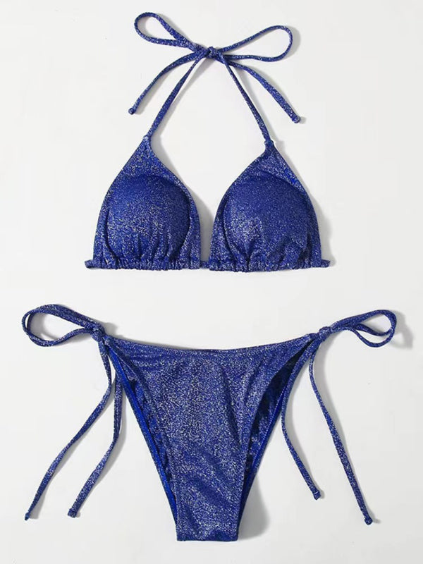 Bikinis- Sparkle 2-Piece String Swimsuit Set - Triangle Bra & Tie-Side Bikini- Blue- IndioGear Fashion and Gear