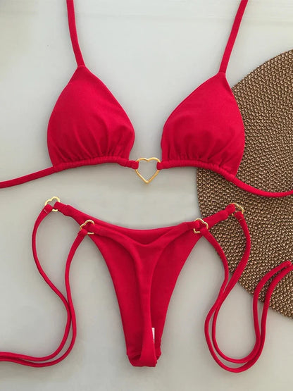 Bikinis- Triangle Bra & Micro Bikini String Brazilian Swimwear- Red- IndioGear.com