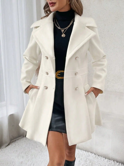 Blazer Dresses- Tailored White Coat Elegant Long Blazer Dress for Women- Creamy-white- IndioGear.com