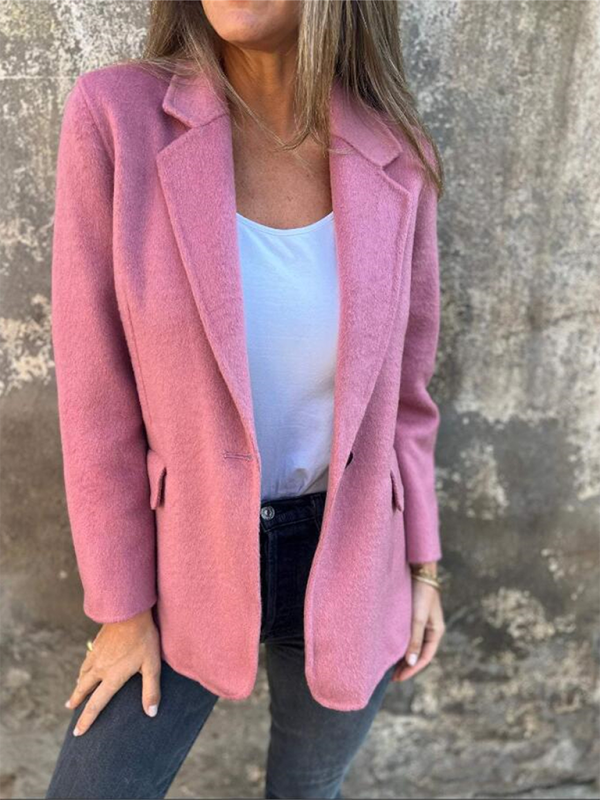 Blazers- Casual Faux Wool Blazer Single Button- Pink- IndioGear.com