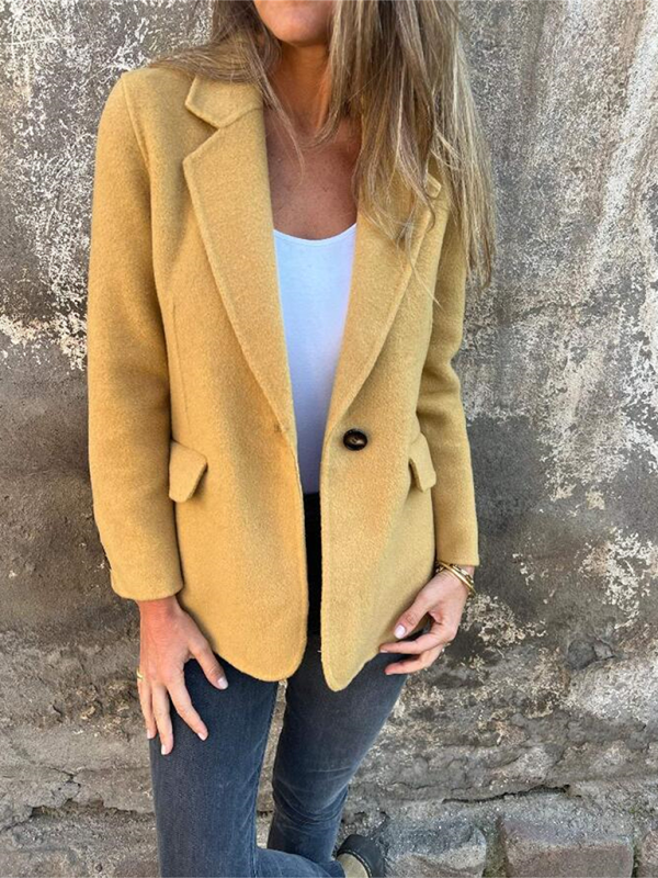 Blazers- Casual Faux Wool Blazer Single Button- Yellow- IndioGear.com