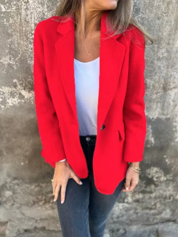 Blazers- Casual Faux Wool Blazer Single Button- Red- IndioGear.com