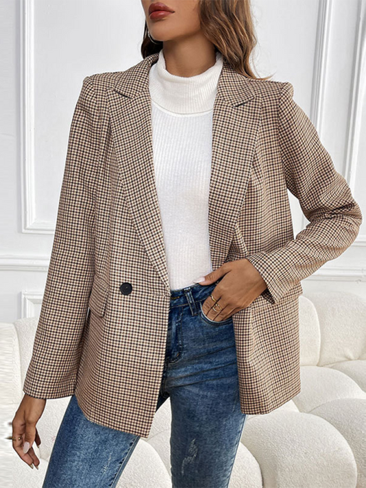 Blazers- Classic Houndstooth Women's Blazer- Khaki- IndioGear.com